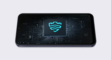 De Samsung Galaxy A25 liggend, met op het beeldscherm het logo van Knox.