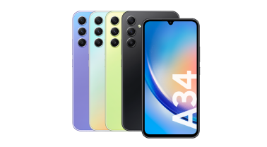 De Galaxy A34 in de verschillende kleuren en het beeldscherm
