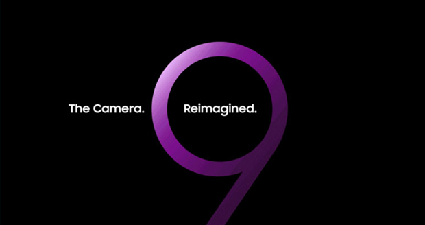 Samsung Galaxy Unpacked: een grote paarse 9 met de woorden 'the camera, reimagined'