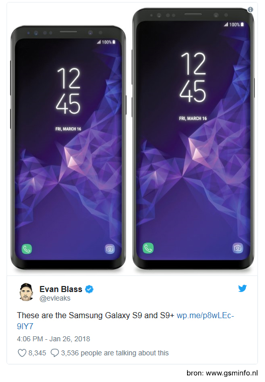 De gelekte afbeeldingen van de nieuwe Samsung, met eronder de tweet van @evleaks