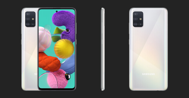 Samsung Galaxy A51: de voorkant, zijkant en achterkant.