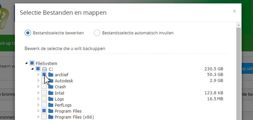 Kies de bestanden waar u een back-up van wilt maken